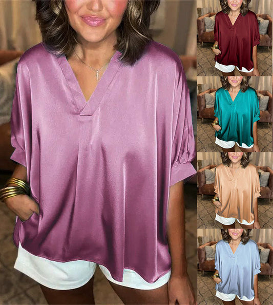 ⏰ Ne manquez pas votre réduction de 48% 🔥Blouse classique pour femme en satin de soie avec col en V et manches courtes