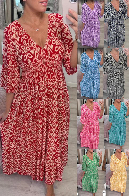 🔥49% de réduction  😍Robe longue à encolure en V et imprimé bohémien décontracté