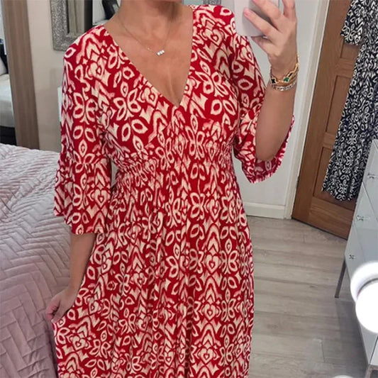 🔥49% de réduction  😍Robe longue à encolure en V et imprimé bohémien décontracté