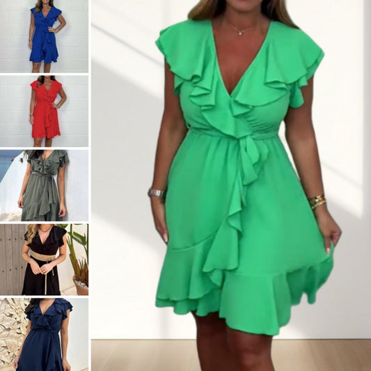 Robe élégante à taille nouée et col en V à volants pour femmes
