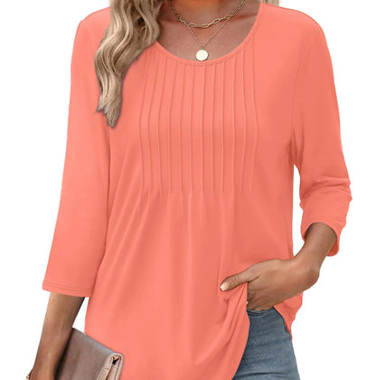 🌸50% de réduction💐T-shirt fin à col rond et à volants, coupe ample