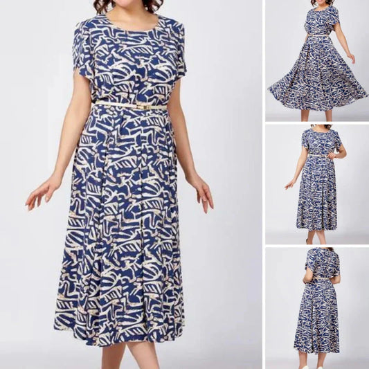 Femmes Tendance Bleu Imprimé Robe à manches courtes avec ceinture