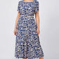 Femmes Tendance Bleu Imprimé Robe à manches courtes avec ceinture