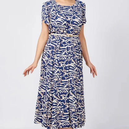Femmes Tendance Bleu Imprimé Robe à manches courtes avec ceinture