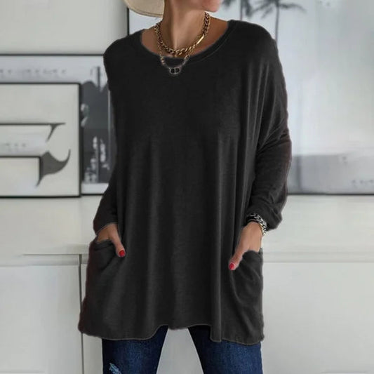 ❤️‍🔥T-shirt à col rond, manches longues et pochettes pour femmes